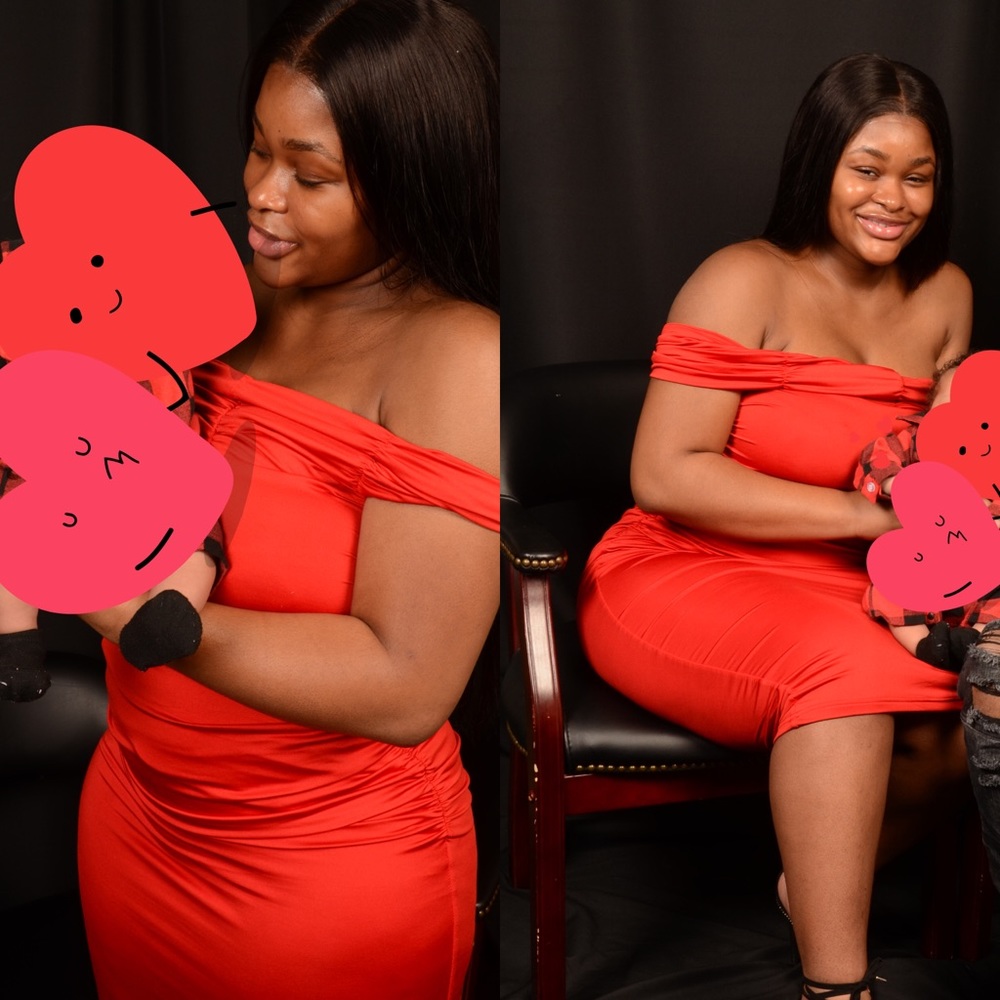 Red off shoulder midi dress